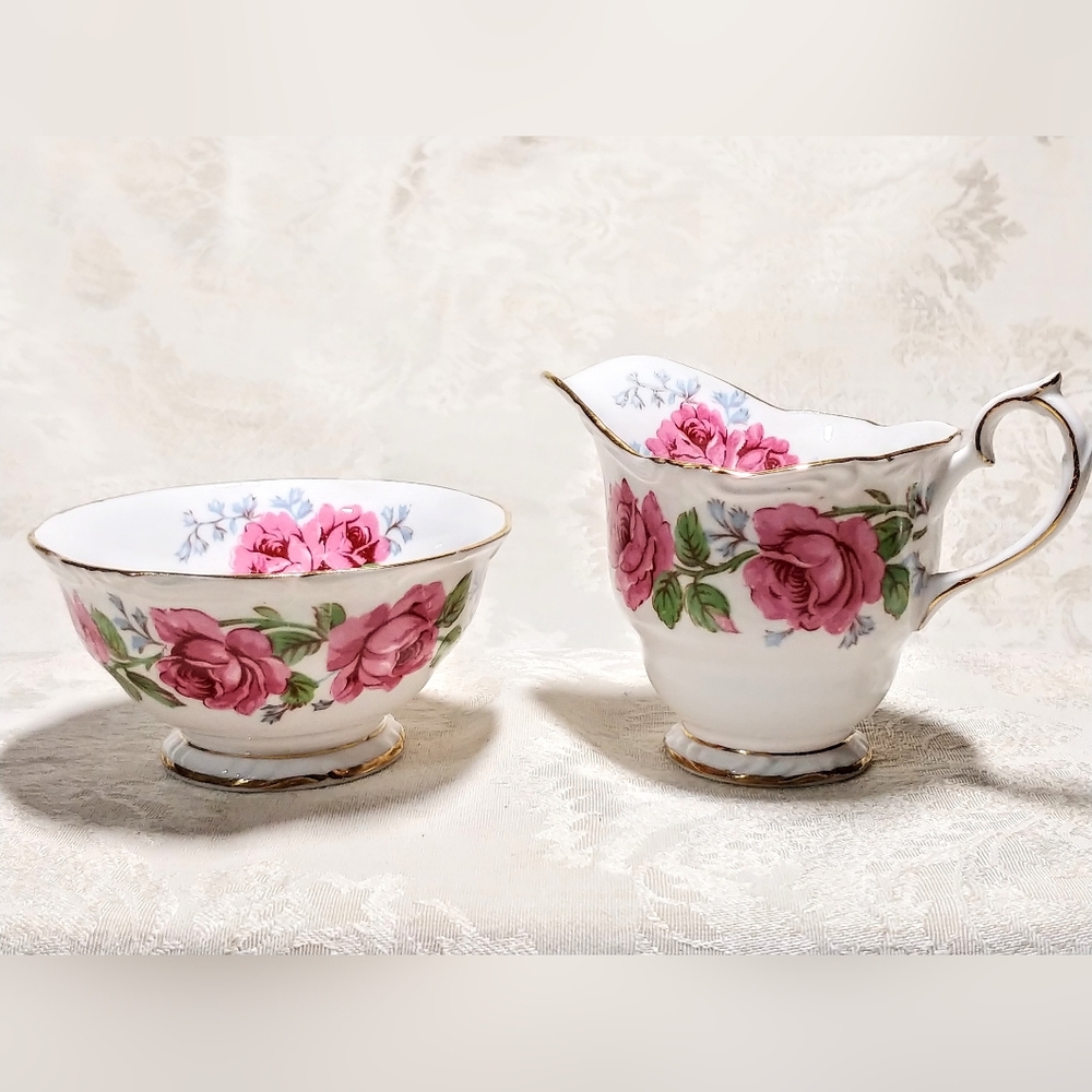 Fine ENGLISH BONE CHINA Queen Anne "Lady Alexander Rose" creamer & sugar bowl